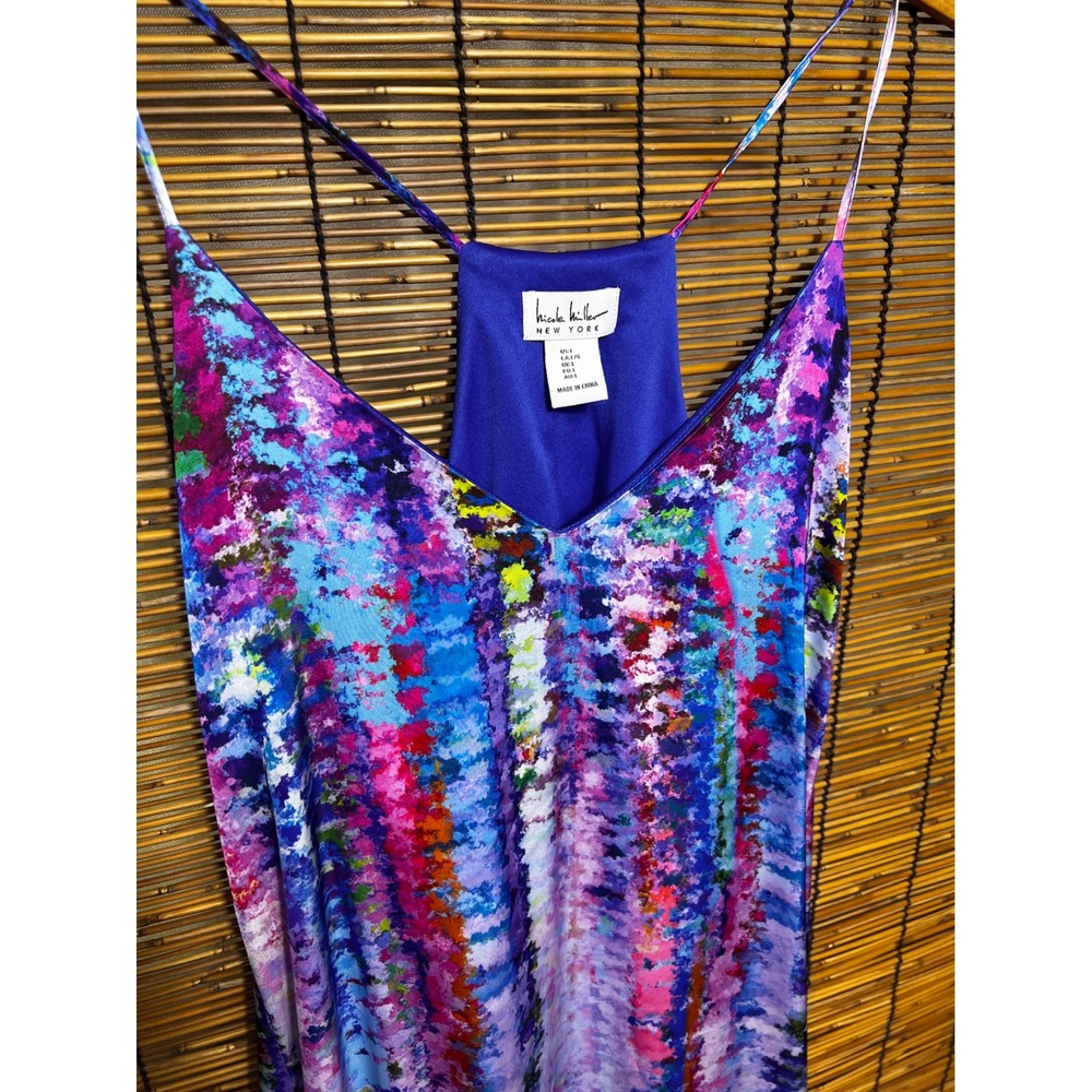 Nicole Miller Maxi Dress Blue Purple Abstract Print Sleeveless V-Neck Size L